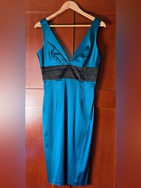 Y2K Cache Teal Midi Sheath Dress with Corset Back Tie & Black Waist Size 8